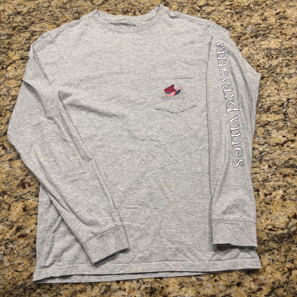 Vineyard Vines Skiing Whale Long Sleeve Pocket T-Shirt Gray‎ Womens XS